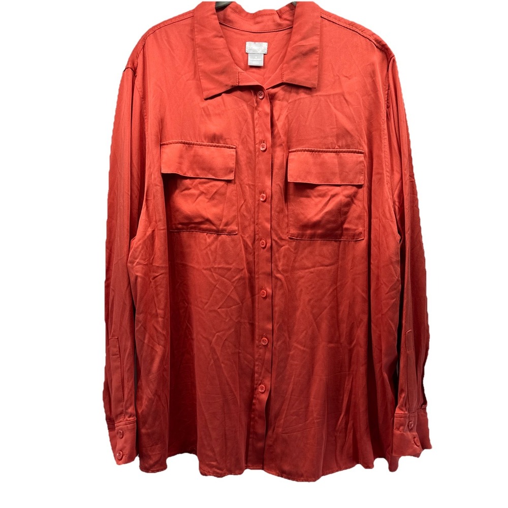 Chicos Women's Top Blouse Size XXL 2X Solid Orange Long Sleeve Button Up